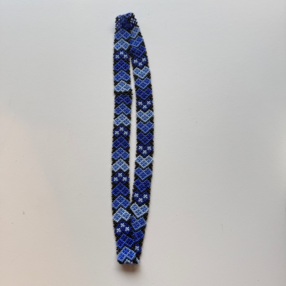Handmade Blue Heart Seed Bead Choker Necklace Woven Chevron Boho Folk Art